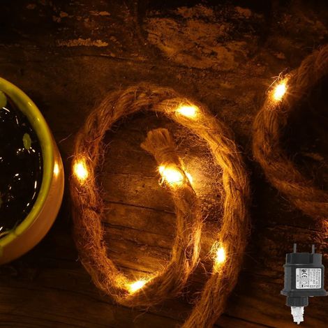 corde chanvre Guirlande lumineuse LED Éclairage solaire à cordes 40 LED 3m coton Corde naturelle, corde en jute Tau Couleur blanc chaud Décoration de jardin Éclairage intérieur Décoration