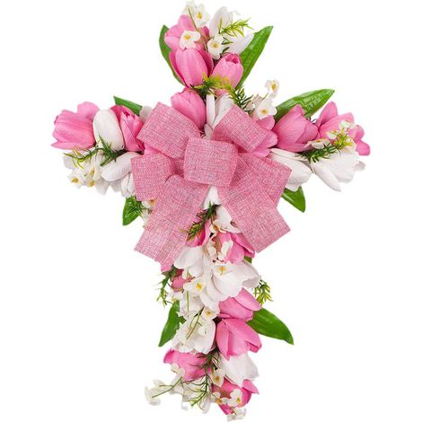 Couronne de tulipes croisées de pâques, guirlande de fleurs artificielles pour porte d'entrée, pour salon, salle à manger, rose et blanc (1/5)