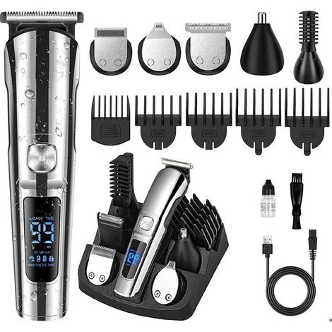 Tondeuse Cheveux et Barbe Professionnelle Homme sans Fils, Tondeuse Cheveux Rechargeable Etanche avec 6 Tête de Rasage et 5 Sabots (1/5)