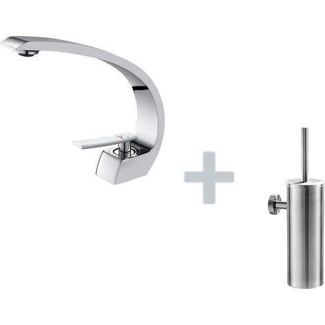 Auralum Arc Mitigeur Lavabo en Laiton Monotrou avec Mousseur Démontable+Porte Brosse Toilette Acier Inoxydable Brosse WC Mural (1/5)