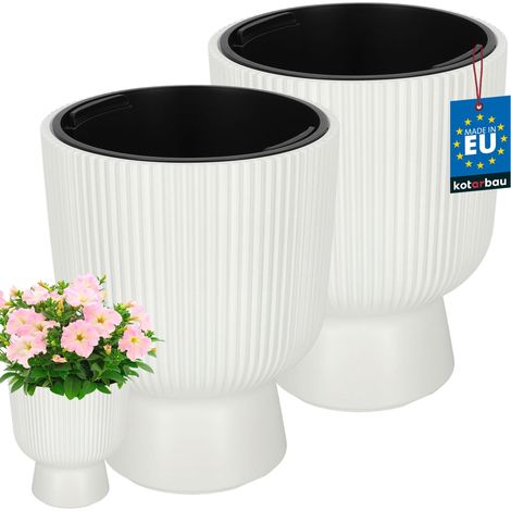 KOTARBAU® Lot de 2 Pot de Fleur - Pot Plastique Plante Ø 23 cm - avec Bac Intérieur - Pot de Jardin - Pot de Fleur Exterieur - H : 30 cm - PVC - Blanc - Nervuré (1/4)