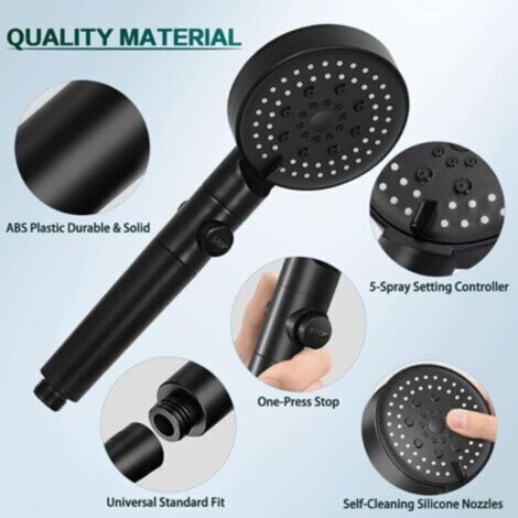 Pommeau de douche haute pression à économie d'eau, 6 modes réglables, avec tube noir de 1,5 m + base sans poinçon, pomme de douche anticalcaire avec fonction de fermeture, facile à installer (noir) (1/5)
