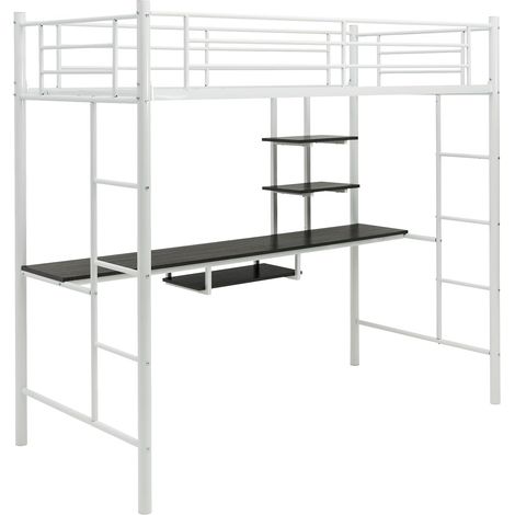 COSTWAY Hochbett mit Schreibtisch, Etagenbett mit 2 Leitern, Stockbett aus Metall, Bettrahmen für Teenager und Erwachsene (Weiß) (1/5)