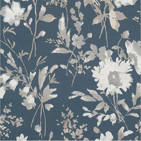 Flowers wallcovering wall Profhome 790615 hot embossed non-woven wallpaper slightly textured with floral ornaments and metallic effect blue silver beige cream 5,33 m2 (1/5)