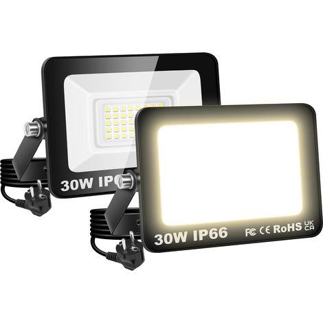 2x 30W Projecteur Exterieur, 3000LM Spot Led Extérieur avec Prise 3000K Blanc Chaud, IP66 Imperméable Éclairage de Sécurité, Projecteur Led pour Jardin Patio Cour Garage Entrée Allée (1/5)