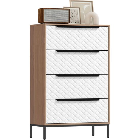 Commode à 4 tiroirs en tissu, façades à motif losanges, idéale pour le salon, le bureau ou le dressing, coloris naturel et blanc.