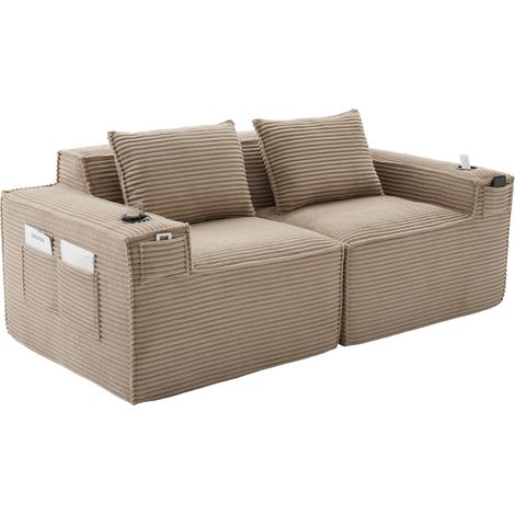 2-Sitzer-Modulsofa aus khakifarbenem Cord mit Becherhaltern und Seitentaschen (1/5)