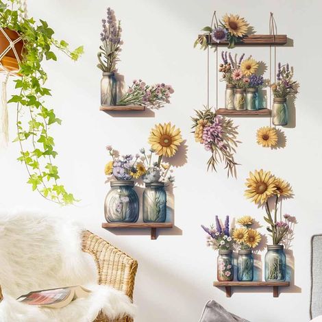Sticker mural de style bohème avec tournesol en pot, sticker mural vintage avec vase et fleur, décoration d'intérieur