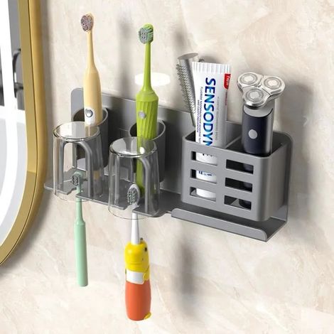 Support mural Brosse à Dents Électrique sans perçage, aluminium, avec 2 porte-gobelets inversés. Rangement salle d - Gris 2 Schlitze (1/5)