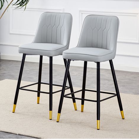 REDOM - Lot de 2 tabourets de bar dossier ergonomique, repose pieds, structure en métal noir ,en PU gris clair, (1/5)
