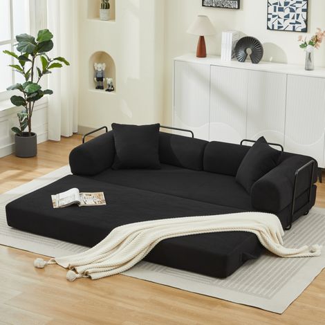 Canapé-lit pliable convertible avec 2 coussins, matelas mousse à ressorts, canapé futon pour salon, bureau et appartement, velours côtelé noir-2 places (1/5)