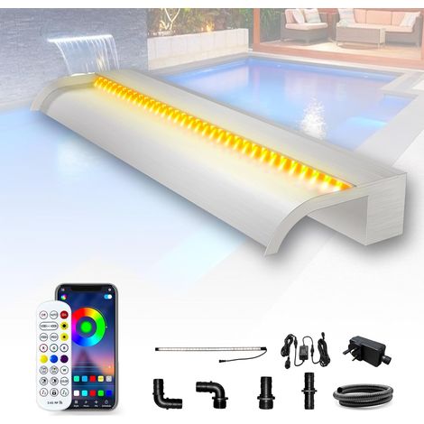 Kit Cascade de 90cm pour Bassin, Lame de Cascade Courbe en Acier Inoxydable avec LED 7 Couleurs et télécommande, Largeur 25,5cm (1/5)