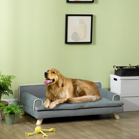 Divano per cani/gatti dal design scandinavo con cuscino morbido sfoderabile e gambe in legno massello, 100 x 62 x 32 cm, grigio.