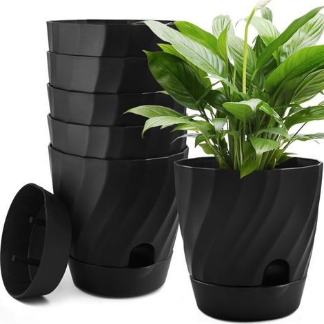 6 Pieces Self-Watering Flower Pots, 12CM Round Thick Plastic Container for Succulents, Herbs, Orchids, Mint, Garden Plants - with Watering Hole, Drainage and Saucer (Black) (1/5)
