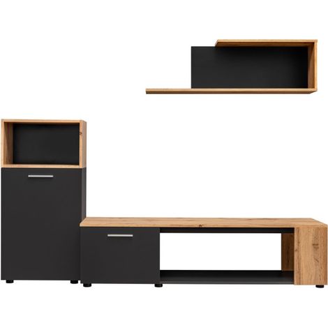 Ensemble meuble TV mural Maze I - Bois MDF noir mat et chêne Wotan - 200 x 160 x 40 cm - Livraison gratuite (1/5)