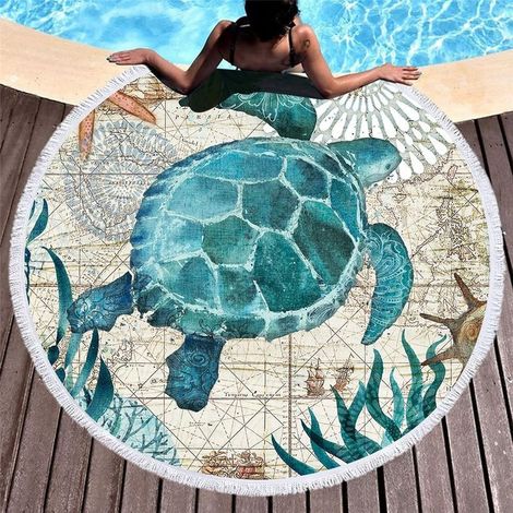 1pc Round Microfiber Beach Towel for Beach Blanket, Bath Towel, Yoga Mat, Camping Blanket, Picnic Blanket, 150cm (Blue-Turtle 2) (1/4)