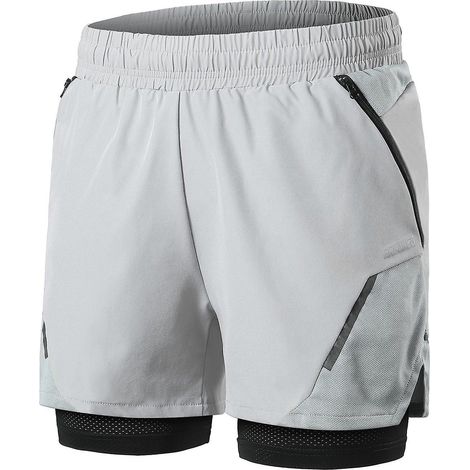 Herren 2-in-1 Laufshorts mit Reißverschlusstaschen, schnelltrocknende Trainingsshorts, hellgrau, Größe M