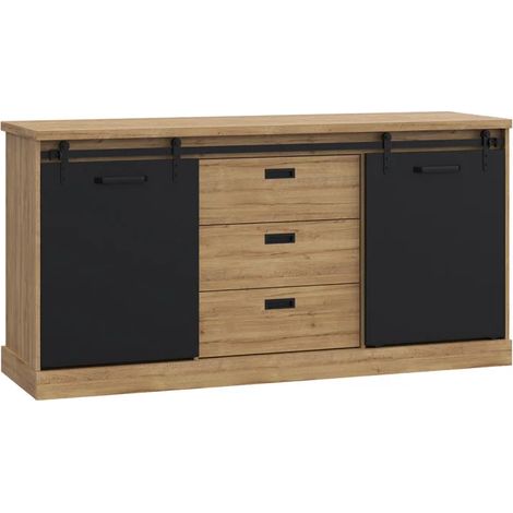 Buffet 174 cm 2 portes coulissantes 3 tiroirs décor chêne noir - FARM (1/5)