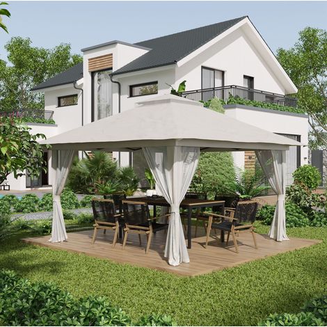 Gartenpavillon Pop-Up aus Metall und Polyester, cremeweiß, 392x392x283 cm, höhenverstellbar, wasserfest, UV50+ (1/4)
