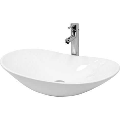 ECD Germany Lavabo per Bagno da Appoggio 640 x 365 x 130 mm in Ceramica Bianca incl. Piletta di Scarico per Lavandini senza Troppopieno Lavello Ovale Sanitari per Bagno