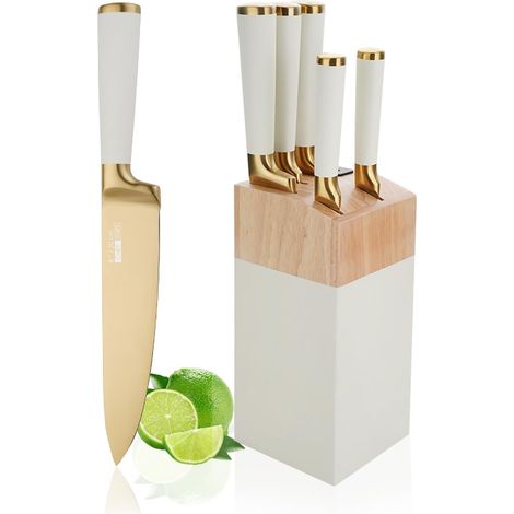 Ensemble de Couteaux de Cuisine, 6 Couteaux En Acier Inoxydable Blanc Avec Bloc, Bloc de Couteaux Ultra Tranchant Avec Manche Confortable, Couteau de Chef Pour La Cuisine Maison (1/5)