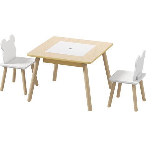 Ensemble table et 2 chaises pour enfants en bois avec compartiments et tableau noir amovible 60 x 60 x 44 cm Naturel et blanc (1/5)