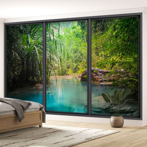 Papier peint panoramique Trompe l'oeil baie vitrée - Rivière paradisiaque - 130 cm x 78 cm (1/5)