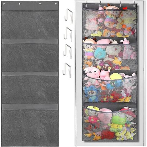 Sac de rangement pour peluches à suspendre à la porte, avec 4 grandes poches en filet, idéal pour les peluches de bébé dans la chambre de bébé. (1/5)