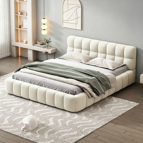 Polsterbett Bubble Bett 140x200cm, Doppelbett mit karrierter Bordüre, modern Jugendbett mit Gepolstertes Kopfteil und Lattenrost, Leinen Beige (ohne Matratze)