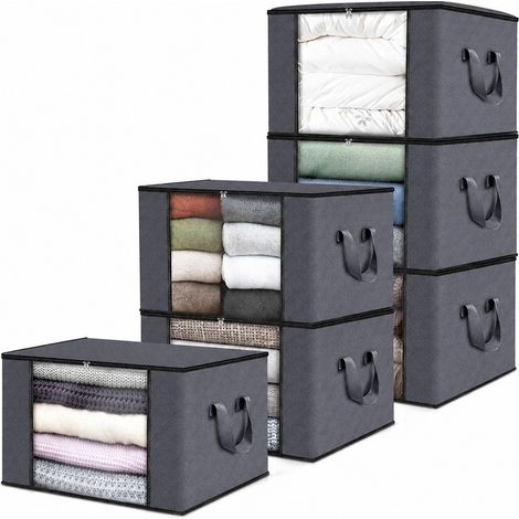 Boîte de rangement pliable en tissu non tissé pour penderie, grande capacité 90 L, fermeture éclair noire, organisateur de vêtements, lot de 6 boîtes de 35 cm de long. (1/5)