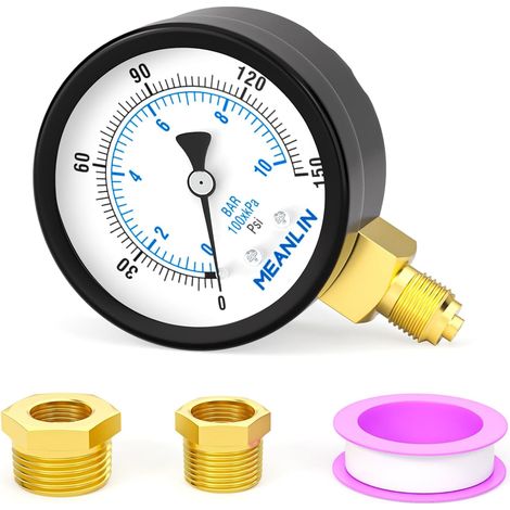 010BAR/0150PSI Pressure Gauge for 2"DIAL FACE 1/8" BSP Well Pump, with 1/4" BSP and 3/8" BSP Hex Bushing, Bottom Mount Water, Oil and Air Pressure Test Center (1/5)