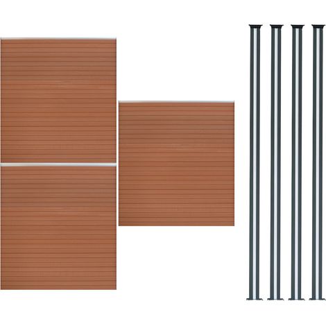 Kit Clôture 3 Panneaux Composite Plastique Marron 9 Lames à Emboîter 185 cm H x 526 cm L & 4 Poteaux en Aluminium à LED Solaires Texture de Bois Reversible Brise-Vue Extérieur Jardin Mur d'Intimité
