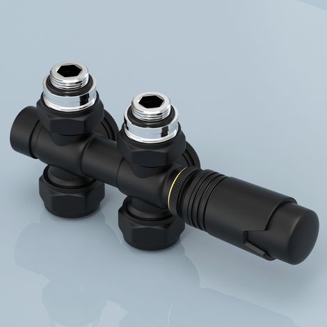 EMKE 2-in-1 Multiblock Mattschwarz Universal Heizkörperventil Thermotstat Eck & Durchgang 50mm für 15mm Kupfer & 16mm Pex