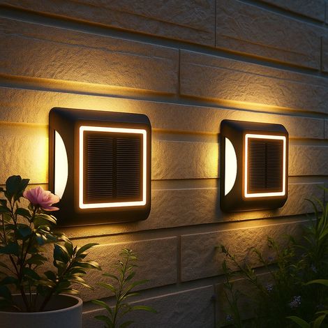 Lampada solare nera da esterno lampada da parete lampada da giardino faretto a terra picchetto a terra, dimmer a 3 stadi, plastica alluminio, 1x LED bianco caldo, LxLxH 14x14x3,6 cm, set di 2