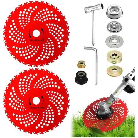 Lot de 2 lames de débroussailleuse de 22,9 cm x 36 dents en carbure de tungstène avec kit adaptateur universel, lames pour débroussailleuse, débroussailleuse, désherbeur (1/5)