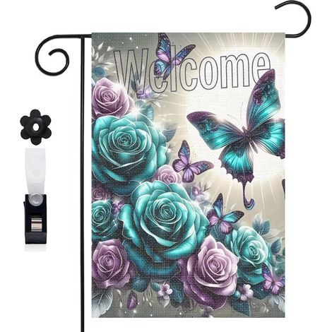 Drapeau vertical fond doré et composition florale 30 x 45 cm décoration saisonnière cour (1/5)