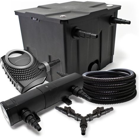 SunSun Komplettset: CBF-350 Teichfilter bis 12000 L Teichfilteranlage als Durchlauffilter, CTF-8000 Teichpumpe 8000l/h 70W, CUV-224 Teichklärer UVC Klärer mit 24W, 25m Teichschlauch 25 mm, Y-Verteiler