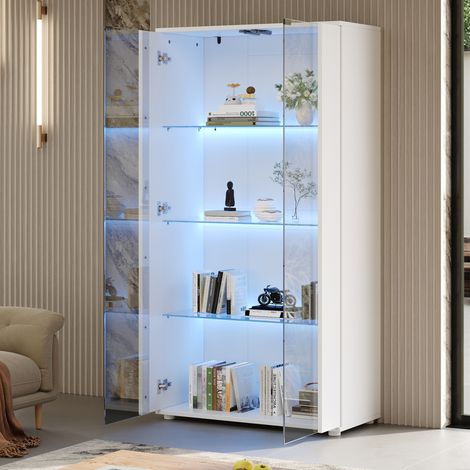 Vetrina con 2 ante in vetro, 4 ripiani e illuminazione a LED regolabile, mobile da soggiorno in legno bianco e vetro, 80x36x150 cm (1/5)