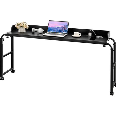 VEVOR Table de lit mobile, table deappoint avec 4 roulettes (dont 2 avec freins) et prise de courant, bureau au-dessus du lit reglable en hauteur, en panneaux de particules, pour maison, bureau, noir (1/5)