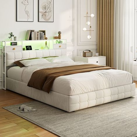 Bett 160x200 cm, Doppelbett 160x200 cm, Erwachsenenbett 160x200 cm aus Metall, mit LED und 4 Schubladen, für 2 Personen, Weiß, Samtstoff