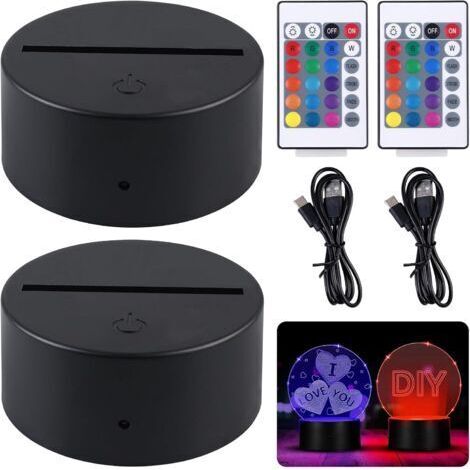 ot de 2 socles lumineux 3D avec télécommande et câble USB - 16 couleurs réglables - Contrôle tactile - Veilleuse LED pour acrylique et plexiglas -