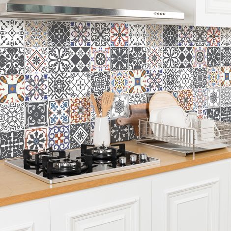 Sticker Mural Carrelage adhésif Cuisine Salle de Bain - 24 STICKERS CARREAUX DE CIMENT AZULEJOS FLORE - 24stickers15x15cm (1/5)