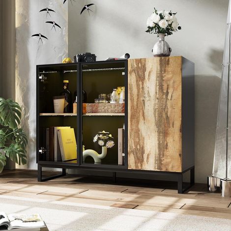 Vitrine mit LED-Beleuchtung, Sideboard Kommode Hochglanz Schwarz & Holzoptik mit Glastüren (1/5)