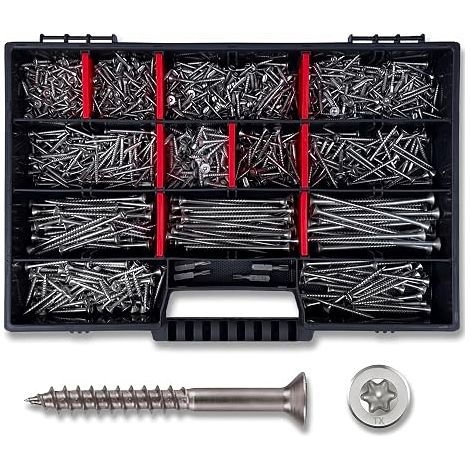 Coffret de 1000 vis en acier inoxydable – Vis à bois et à panneaux de particules V2A, de 3x12 à 4,5x80 – incluant 4 embouts TX et un coffret d'assortiment – Qualité professionnelle (1/5)