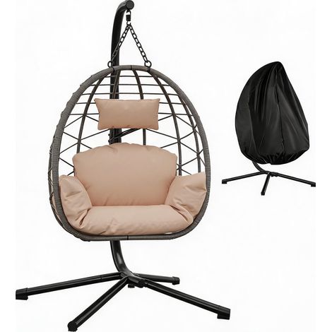 Silla colgante tipo huevo de ratán con soporte - Plegable para interior/exterior - Estructura de acero + cojines lavables impermeables + funda protectora - Carga máx. 150 kg - Gris ratán cepillado + (1/5)