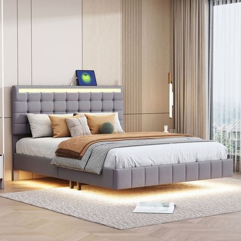 Cama 140x190 - NEXU - Flotante con LED - Puerto USB - Cabecera ajustable