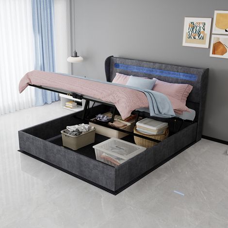 Lit coffre 160x200 cm en tissu et métal gris, avec rangement pour chambre, sans matelas FloraGrace (1/5)