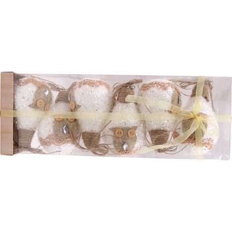 Palline palle 6 pezzi per albero di Natale forma lampadina cm 7 bianche con gufo gufetto in juta con bottoni e brillantini decori addobbi natalizi (1/4)