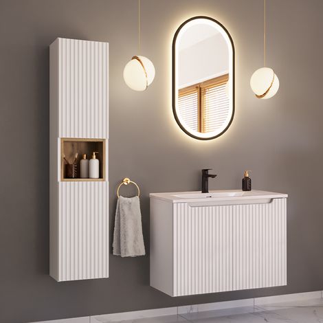 Conjunto de muebles con lavabo individual encastrado 80 cm 2 puertas y columna Riva Blanco y Madera (1/4)