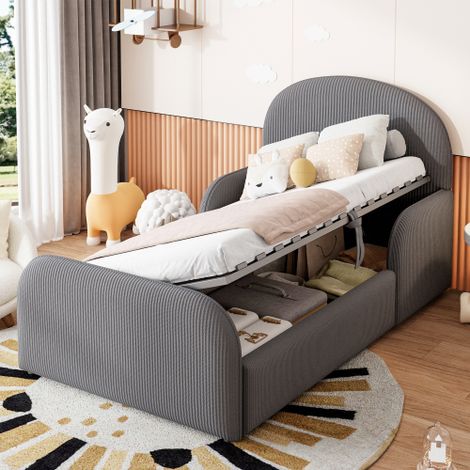 Letto imbottito per bambini 90x200 con contenitore idraulico, struttura letto in velluto con testiera alta, pediera e sponde di sicurezza a mezza altezza per bambini, bambine e ragazzi, grigio (1/5)